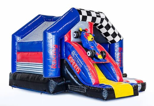 Commandez le château gonflable toboggan combo pour enfants dans le thème de la formule 1. Château gonflable avec toboggan à vendre chez JB Gonflables France