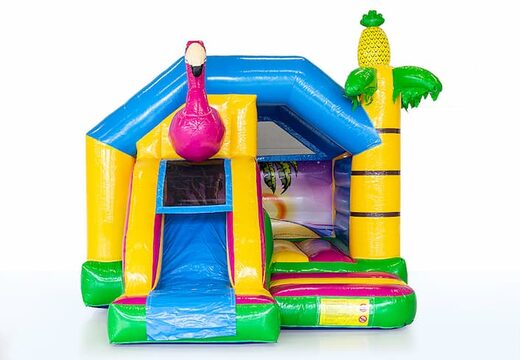 Commandez un château gonflable toboggan combo sur le thème du flamant rose pour les enfants. Achetez des châteax gonflables avec toboggan chez JB Gonflables France