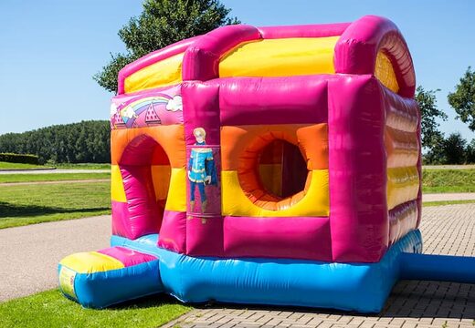 vijfhoek Klein overdekt opblaasbaar multiplay luchtkussen met glijbaan kopen in thema prinses roze voor kinderen