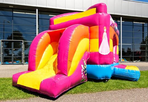 Klein overdekt opblaasbaar multiplay springkussen met glijbaan te koop in thema prinses roze voor kinderen