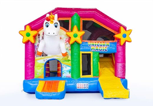 Châteaux gonflables multiplay moyen sur le thème de la licorne pour les enfants. Commandez des toboggan châteaux gonflables en ligne chez JB Gonflables France