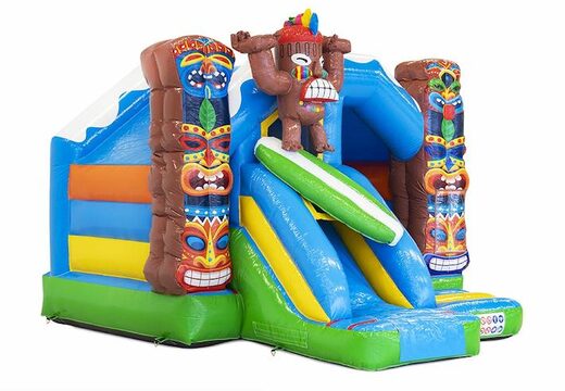 Château gonflable gonflable avec toboggan thème aloha avec surfeur et totem à vendre