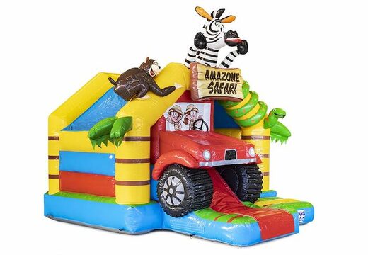 Opblaasbaar springkussen met glijbaan aan de voorkant volledig in Amazon Safari thema bestellen voor kinderen