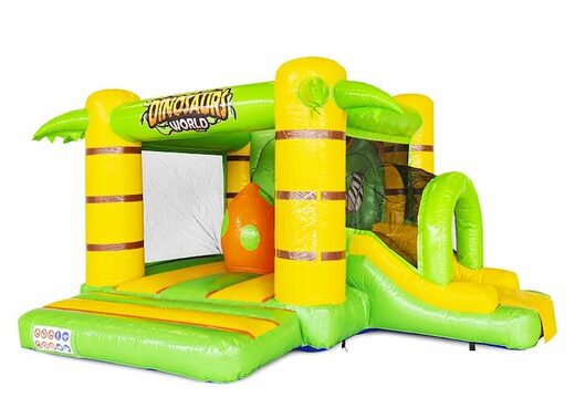 Commandez château gonflable gonflable avec toboggan sur le thème des dinosaures en vert avec du jaune pour les enfants