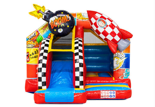 Thème de personnages de bande dessinée sur combo toboggan pour glisser et sauter sur château gonflable