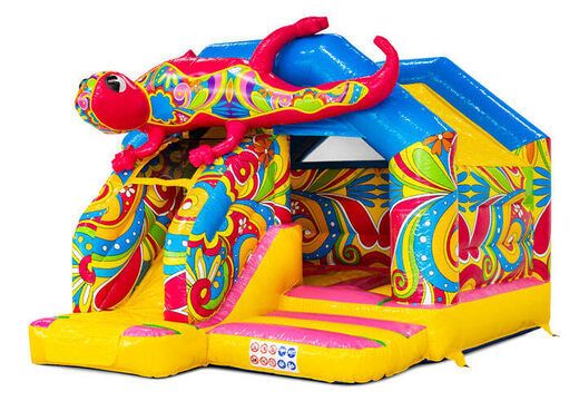 Château gonflable combo toboggan avec des couleurs jaune, bleu, rose et des fleurs