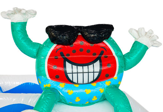Figurine 3D sur le château gonflable Dubbelslide, pastèque rieuse en maillot de bain, thème Summer Party