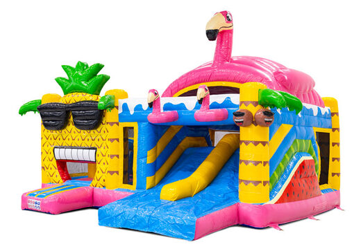 Achetez le château gonflable Multiplay Doubleslide avec thème hawaïen flamant rose chez JB