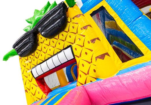 Commandez en ligne un château gonflable avec un thème hawaïen flamant rose et une joyeuse ananas en 3D avec des lunettes de soleil