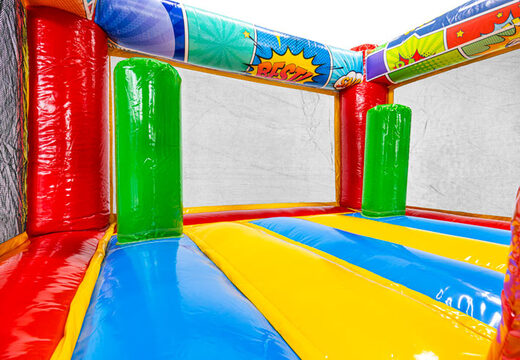 Château gonflable Midi Bounce en thème BD, idéal pour événements et fêtes