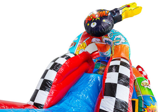 Château gonflable A-frame Super Comic en style bande dessinée à vendre chez JB Inflatables